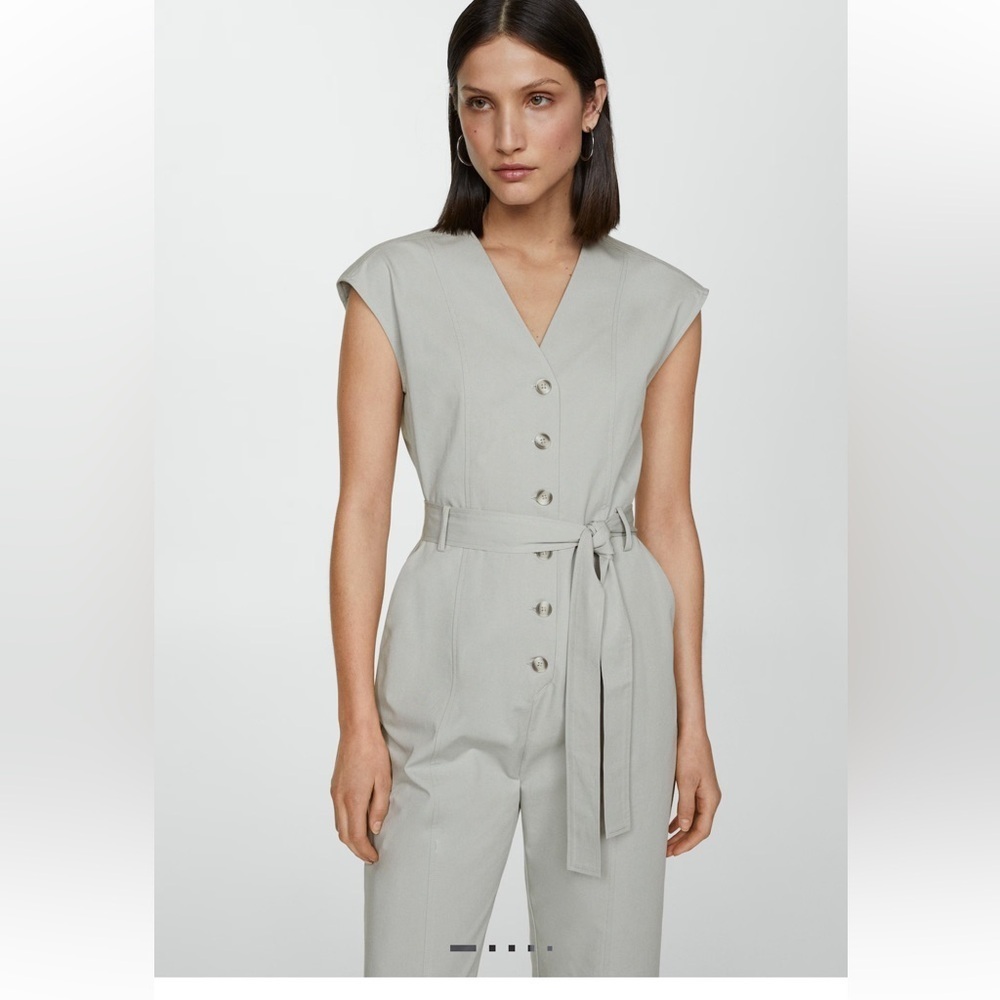 $99 Mango 100% COTTON JUMPSUIT vneck sleeveless w/ belt light heather grey Small - Picture 3 of 13